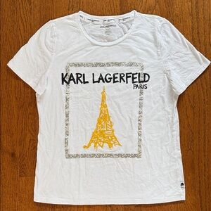 Karl Lagerfeld White Tee with Yellow Eiffel Tower Size Medium